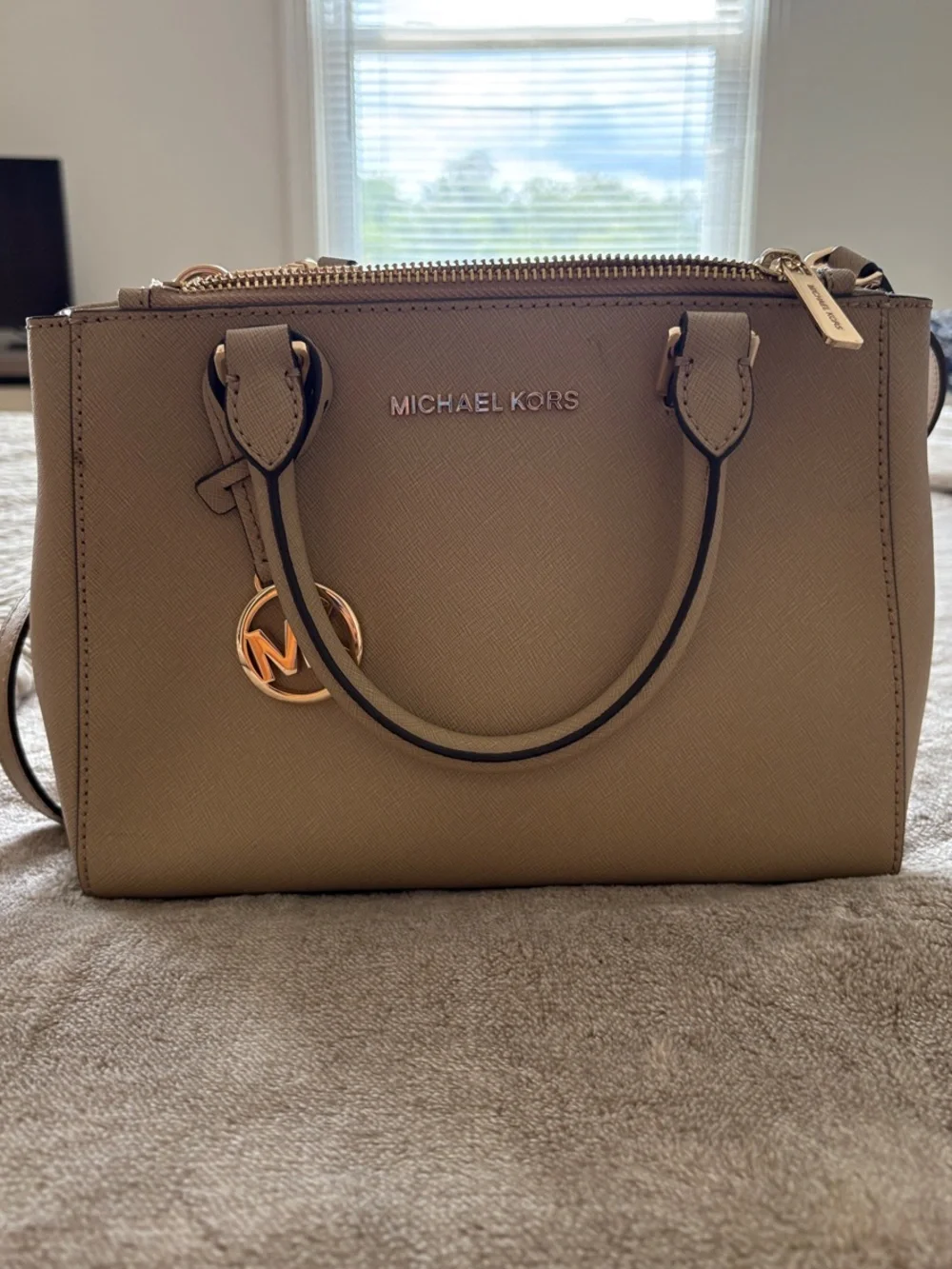 Michael Kors Taupe Saffiano Satchel with Gold Accent